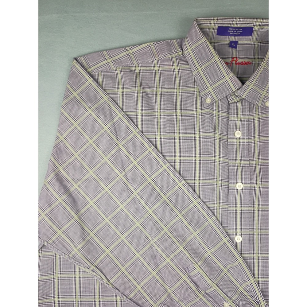 Alan Flusser Mens XL Purple Green Plaid Cotton Button Down Shirt Long Sleeve